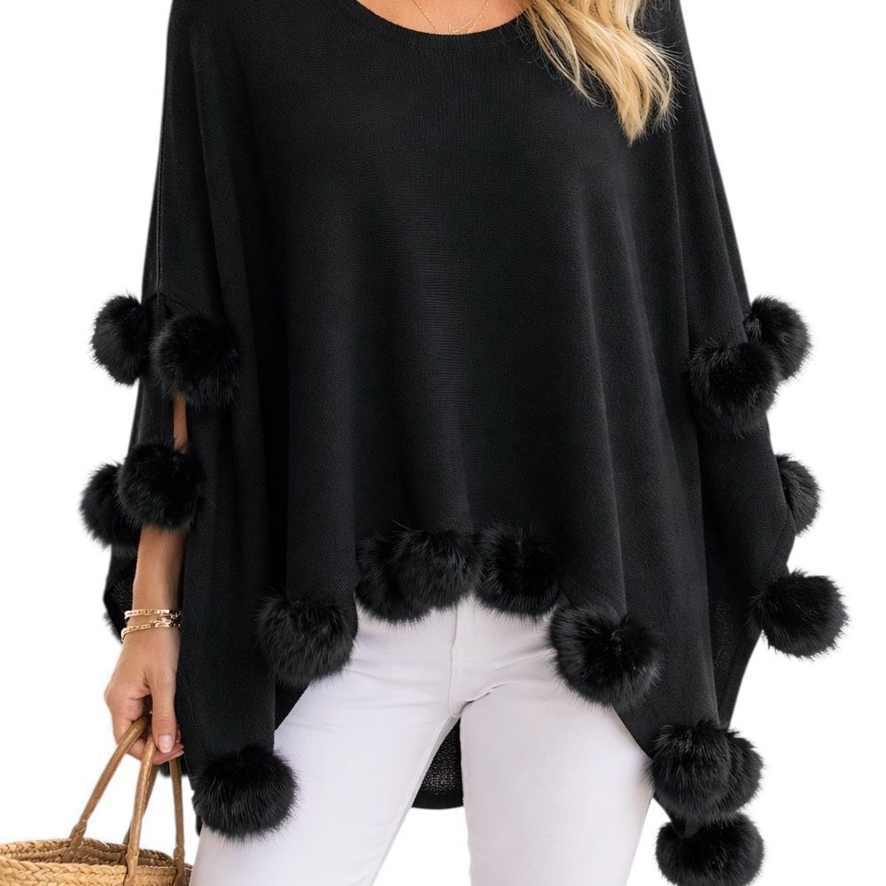 Chico’s Black Fur Pom Pom Poncho NWT S/M